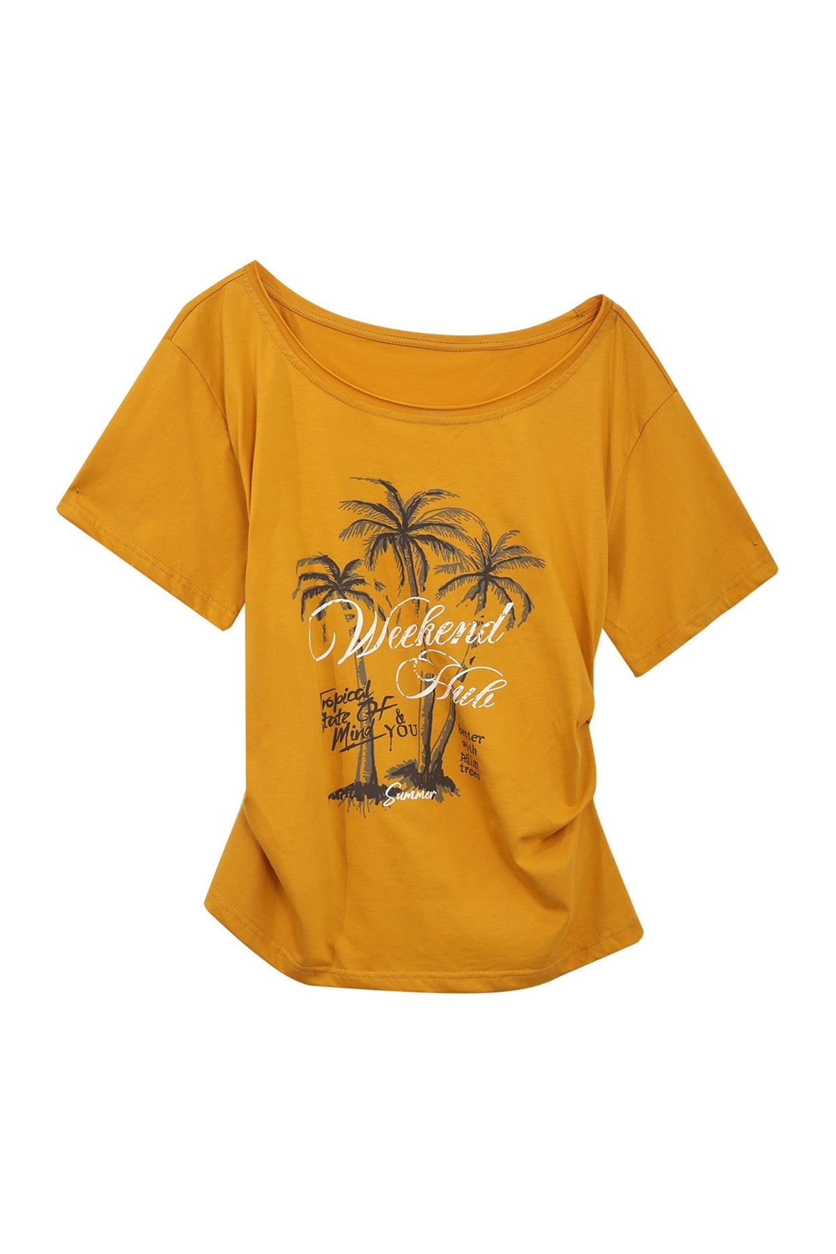 Palm Tree Graphic Off-Shoulder Lace-Up T-Shirt