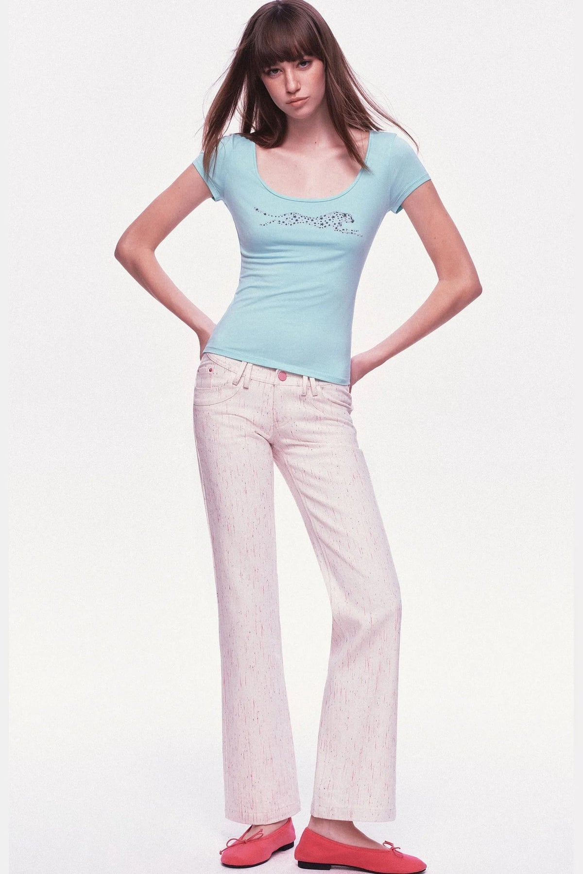 Pastel Dot All-Cotton Low-Waist Flared Jeans