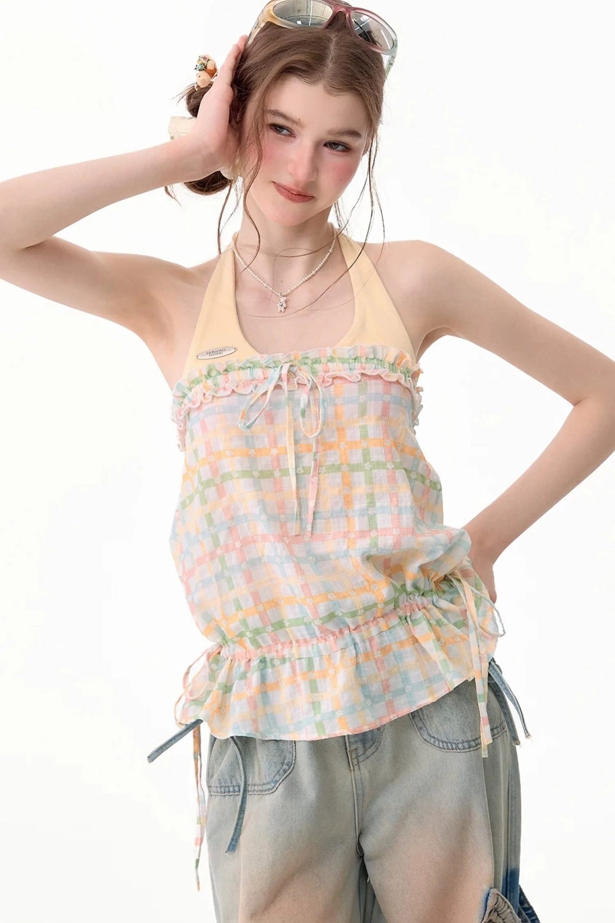 Pastel Plaid Halter Neck Top