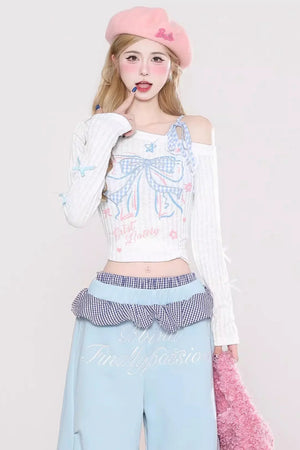Patchwork Embroidered Off-Shoulder Top Set-Up