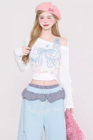 Patchwork Embroidered Off-Shoulder Top Set-Up