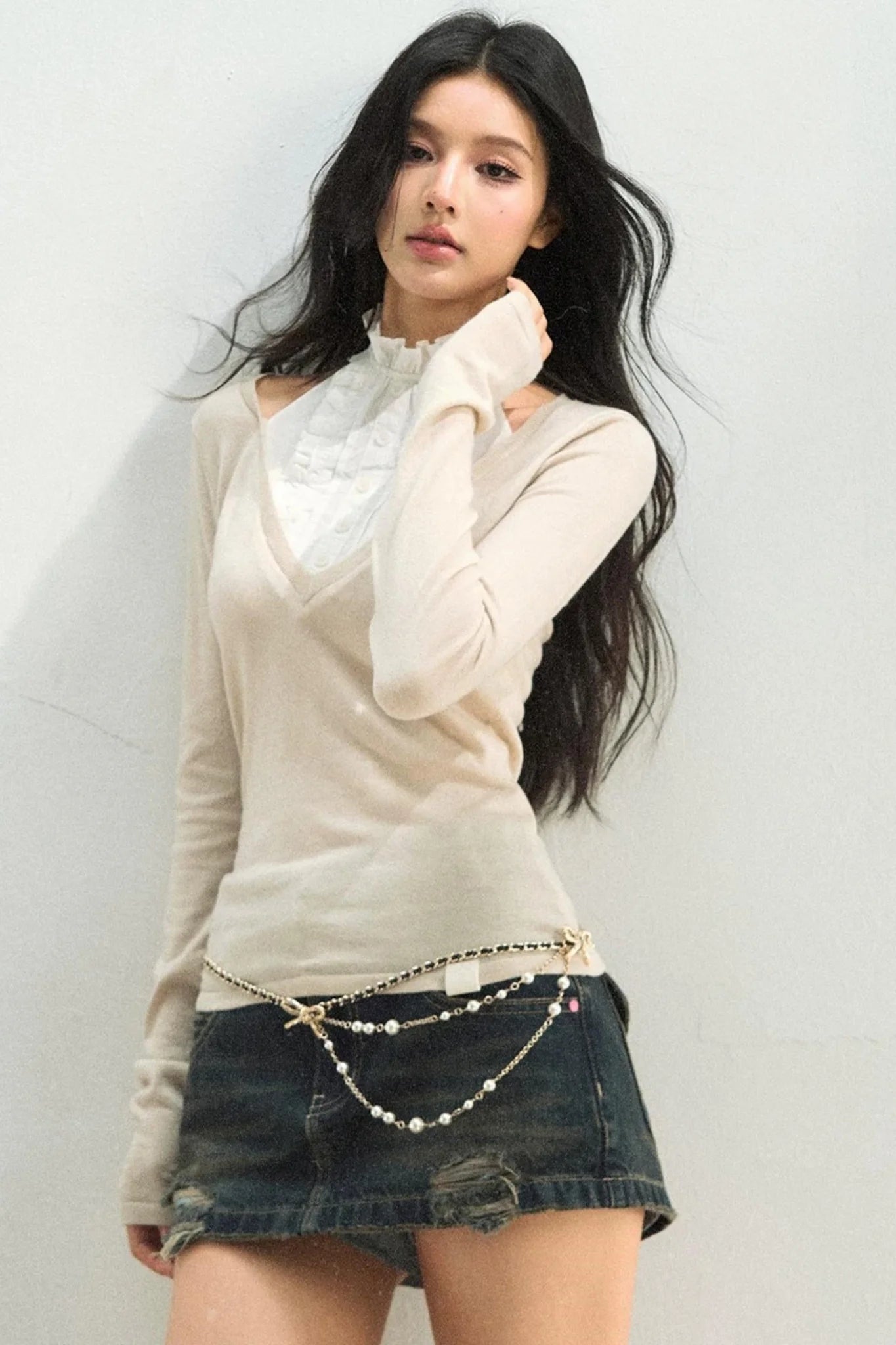 Patchwork High-Neck Knit Top