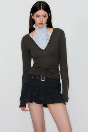 Patchwork High-Neck Knit Top