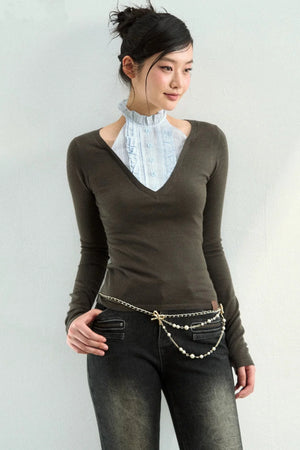 Patchwork High-Neck Knit Top