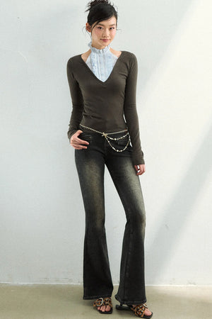 Patchwork High-Neck Knit Top