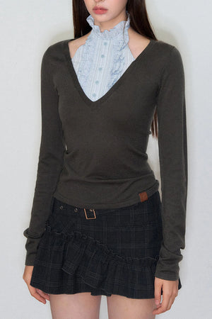Patchwork High-Neck Knit Top