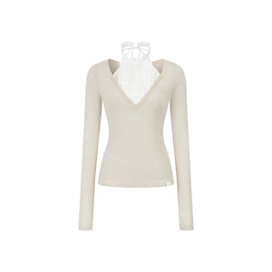 Patchwork High-Neck Knit Top