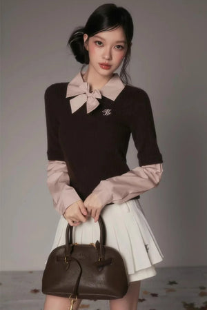 Patchwork Lapel Knit Sweater