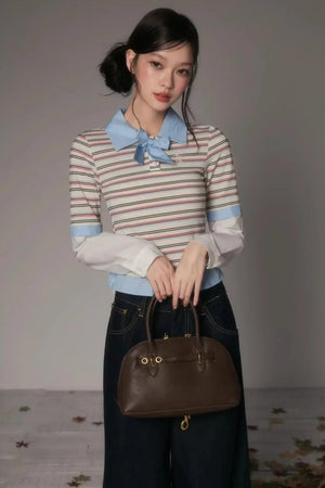 Patchwork Lapel Knit Sweater