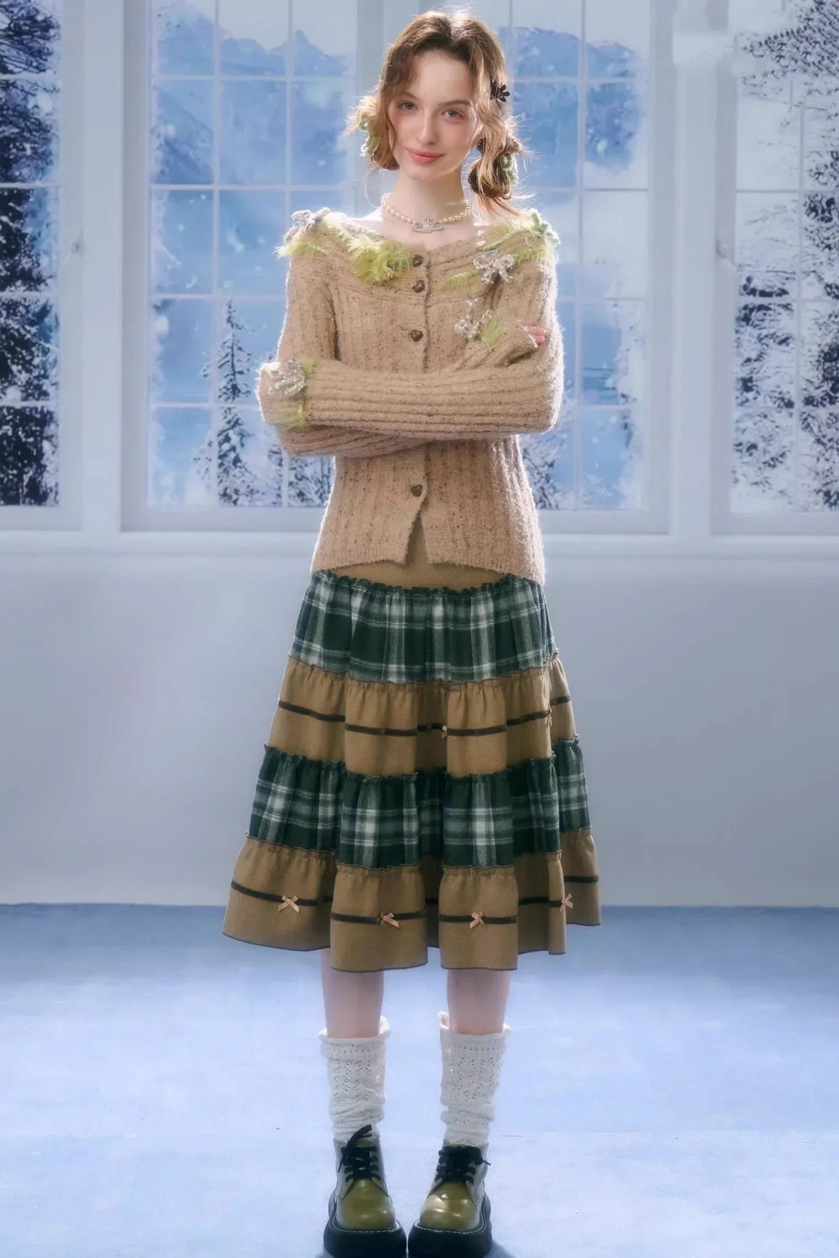 Patchwork Plaid Mid-Length Skirt