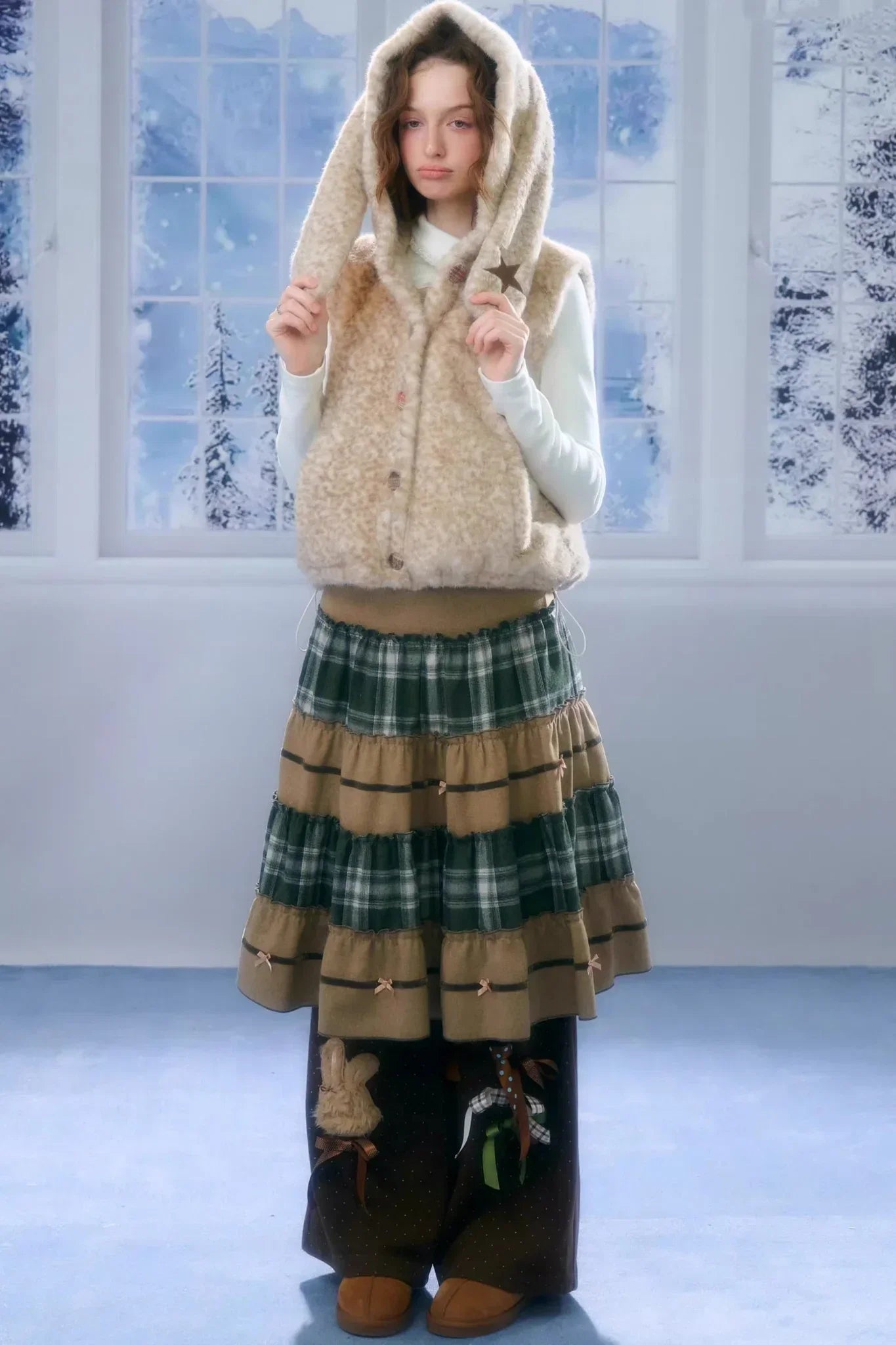 Patchwork Plaid Mid-Length Skirt