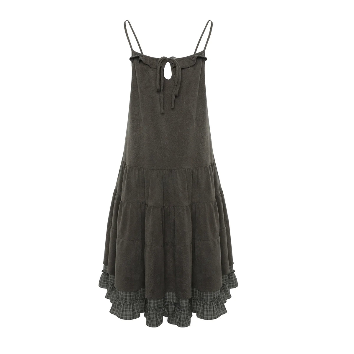 Patchwork Plaid Shirred Japanese Lace-Up Long Dress