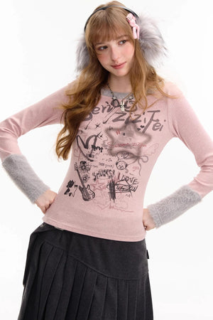 Patchwork Plush Crew Neck Knitted Base Shirt