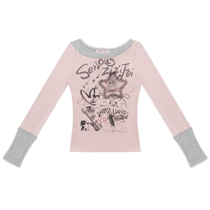 Patchwork Plush Crew Neck Knitted Base Shirt