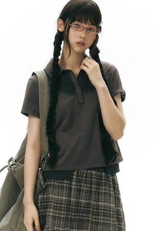 Patchwork Polo Knit Top