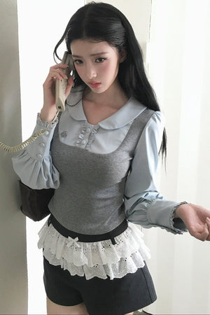 Patchwork Puff Sleeve Top and Shorts Set-Up