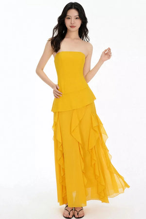 Patchwork Ruffled Strapless Dress
