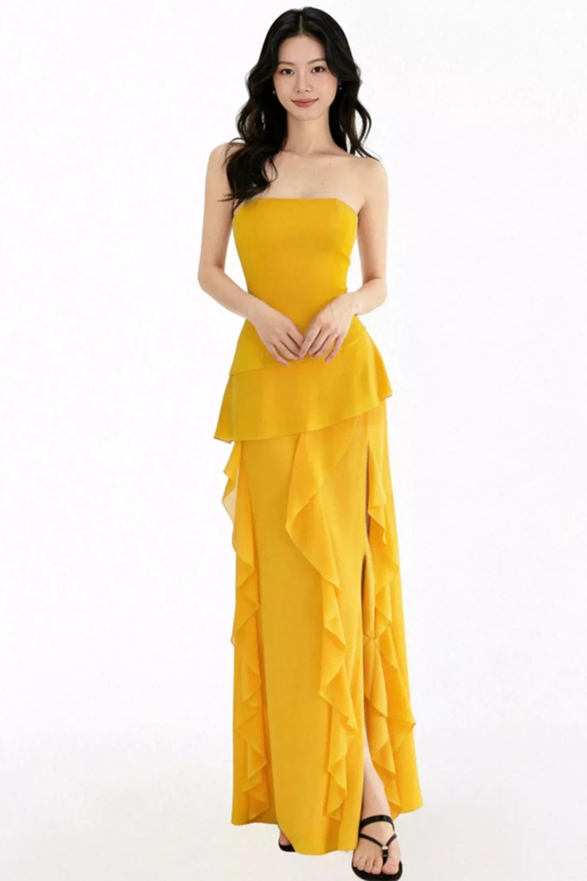 Patchwork Ruffled Strapless Dress