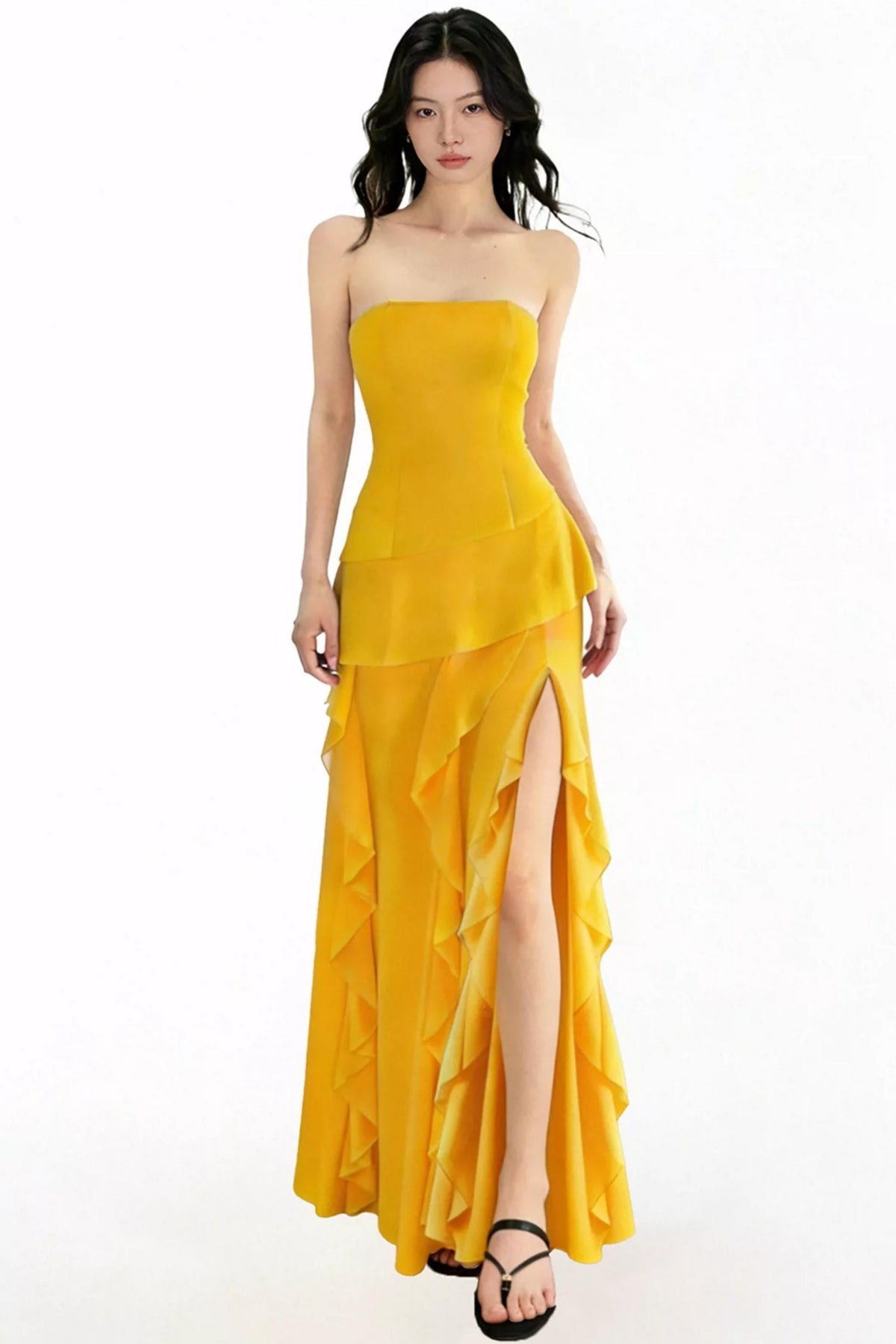 Patchwork Ruffled Strapless Dress