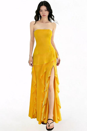 Patchwork Ruffled Strapless Dress