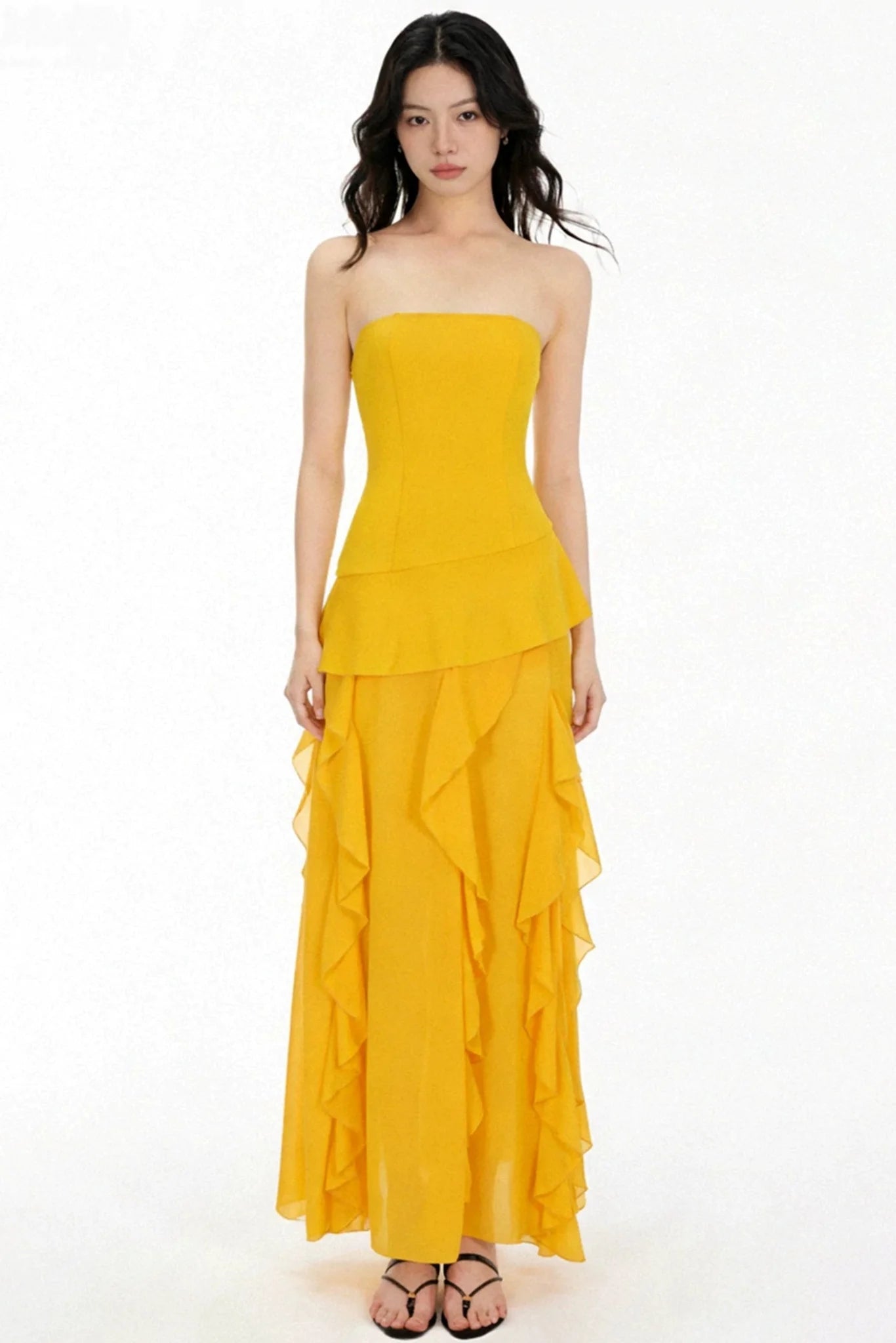 Patchwork Ruffled Strapless Dress
