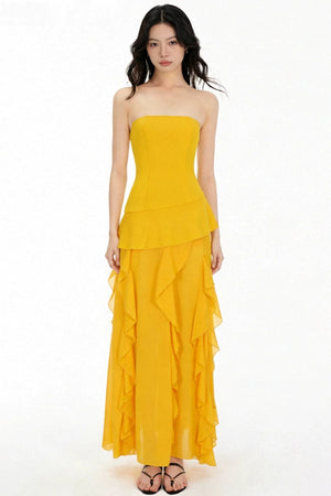 Patchwork Ruffled Strapless Dress