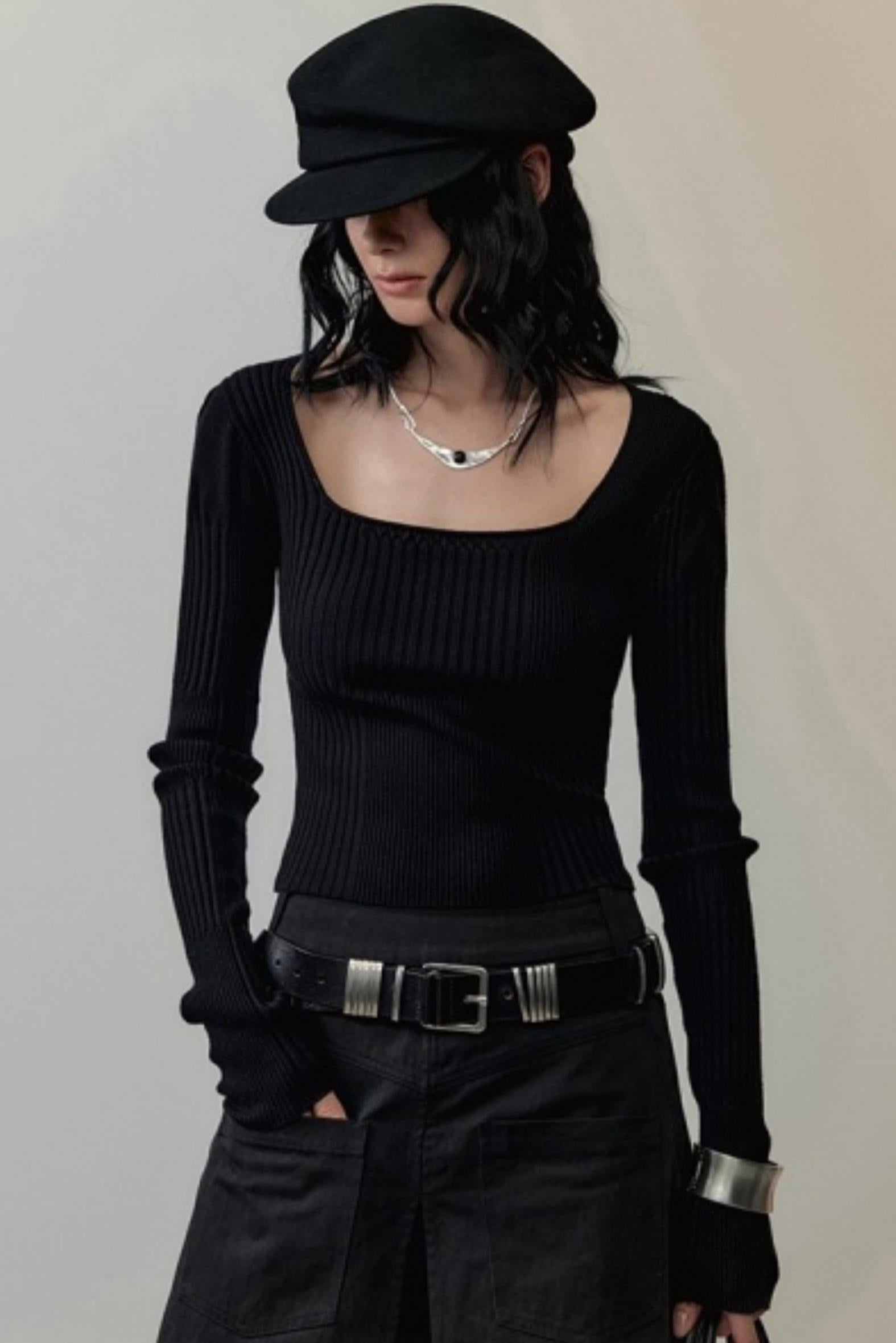 Patchwork Square Collar Knit Top