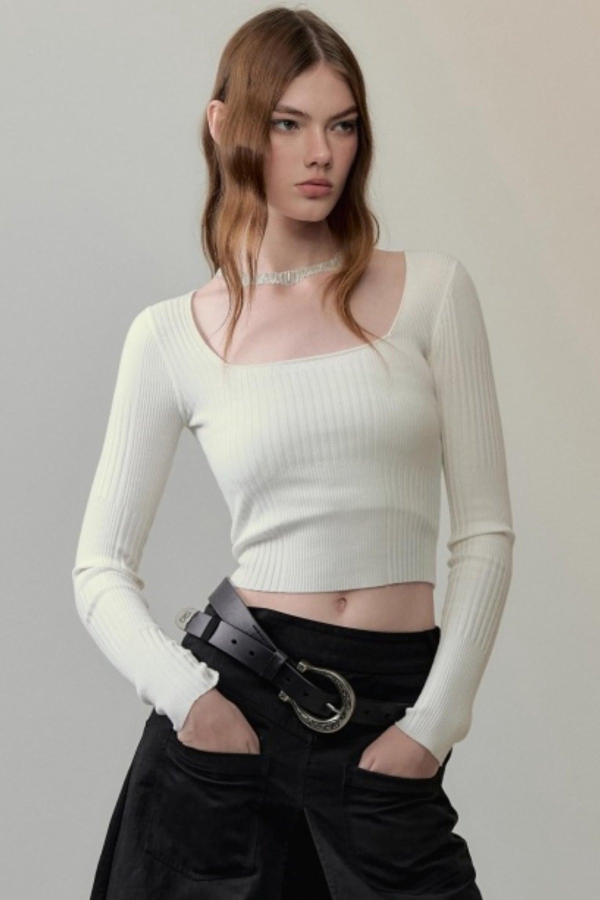 Patchwork Square Collar Knit Top