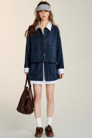 Patchwork Striped Trench Coat Skirt Set-Up