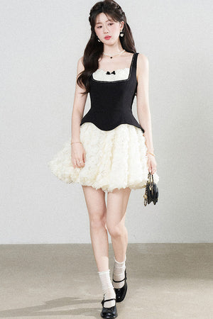Patchwork Suspender Puffy A-Line Dress