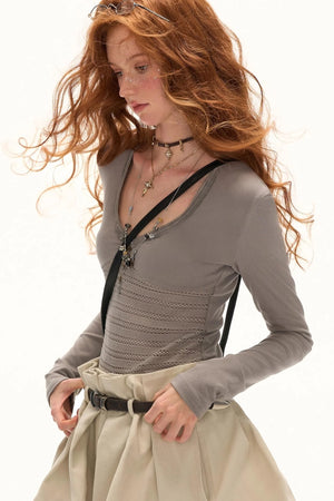 Patchwork V-Neck Long-Sleeved T-Shirt