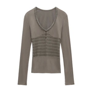 Patchwork V-Neck Long-Sleeved T-Shirt