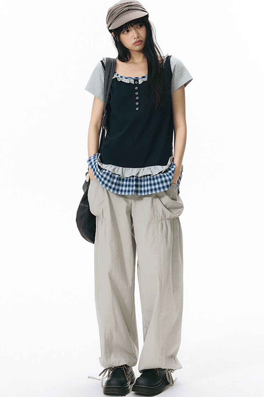 Patchwork Waistband Pocket Wide-Leg Cargo Pants