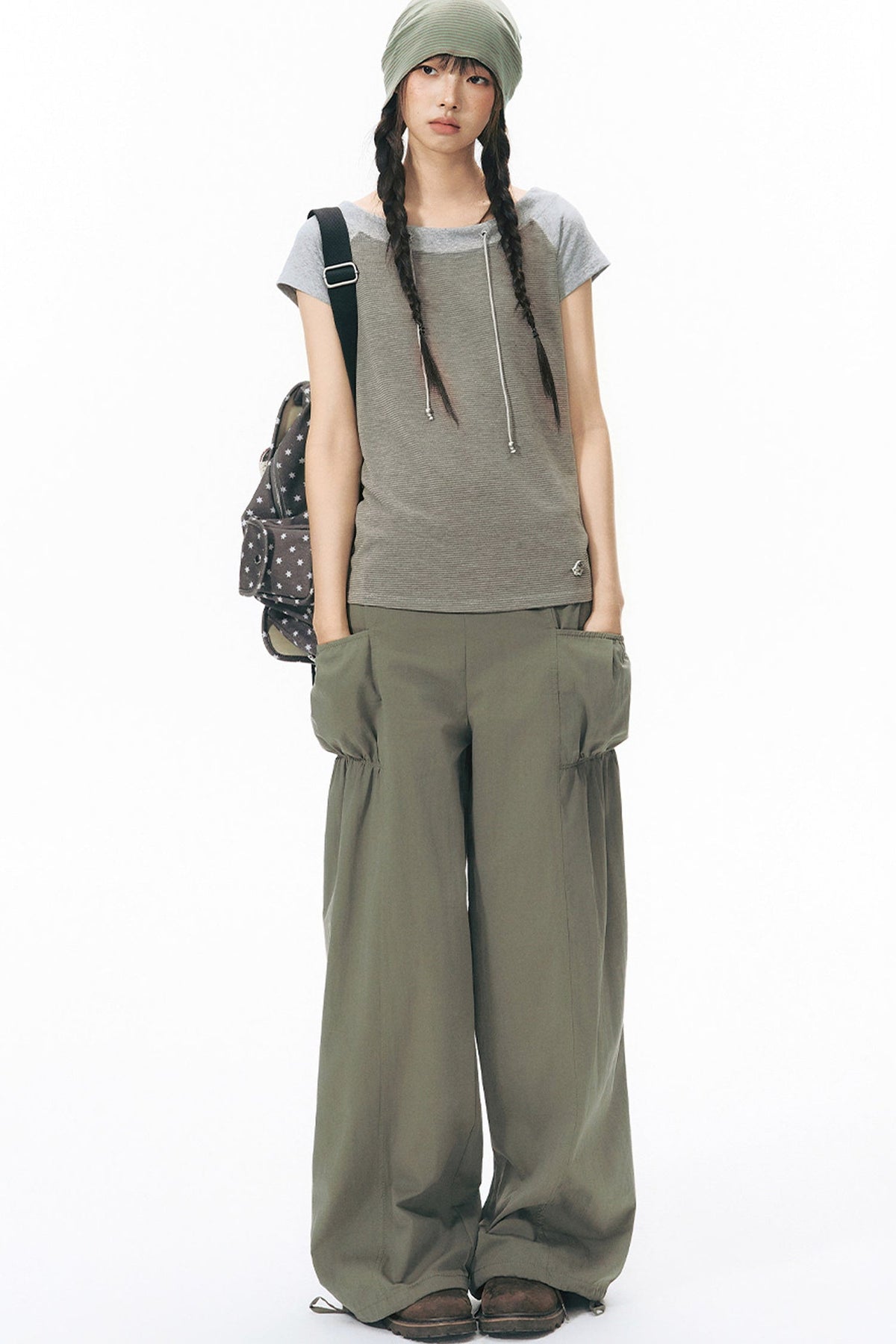Patchwork Waistband Pocket Wide-Leg Cargo Pants