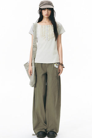 Patchwork Waistband Pocket Wide-Leg Cargo Pants