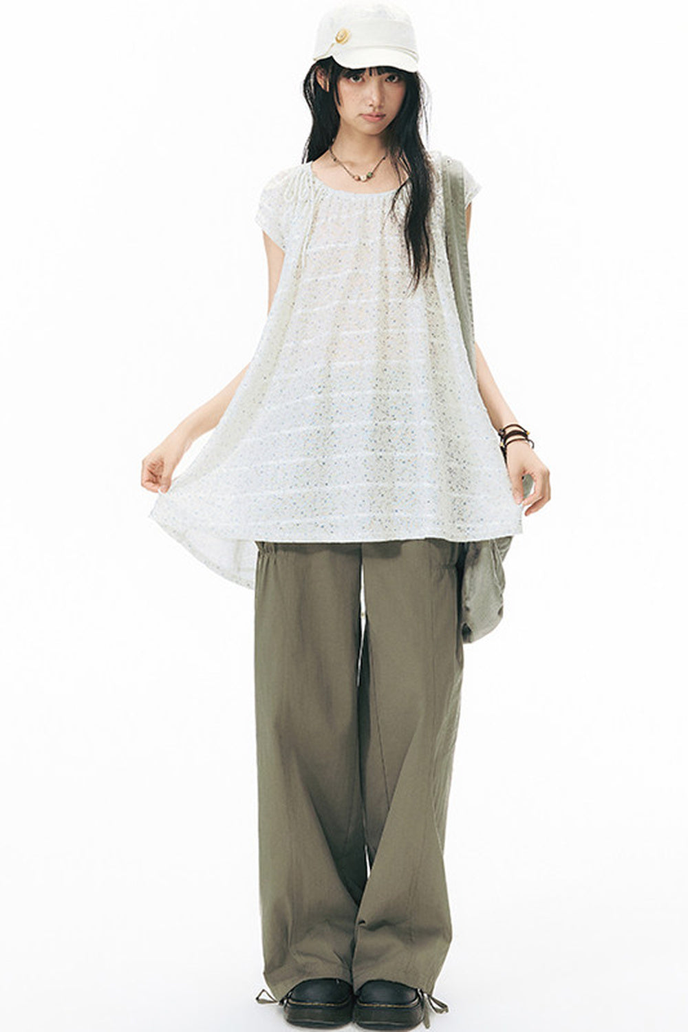 Patchwork Waistband Pocket Wide-Leg Cargo Pants