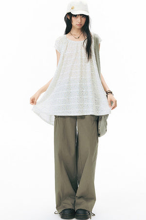 Patchwork Waistband Pocket Wide-Leg Cargo Pants