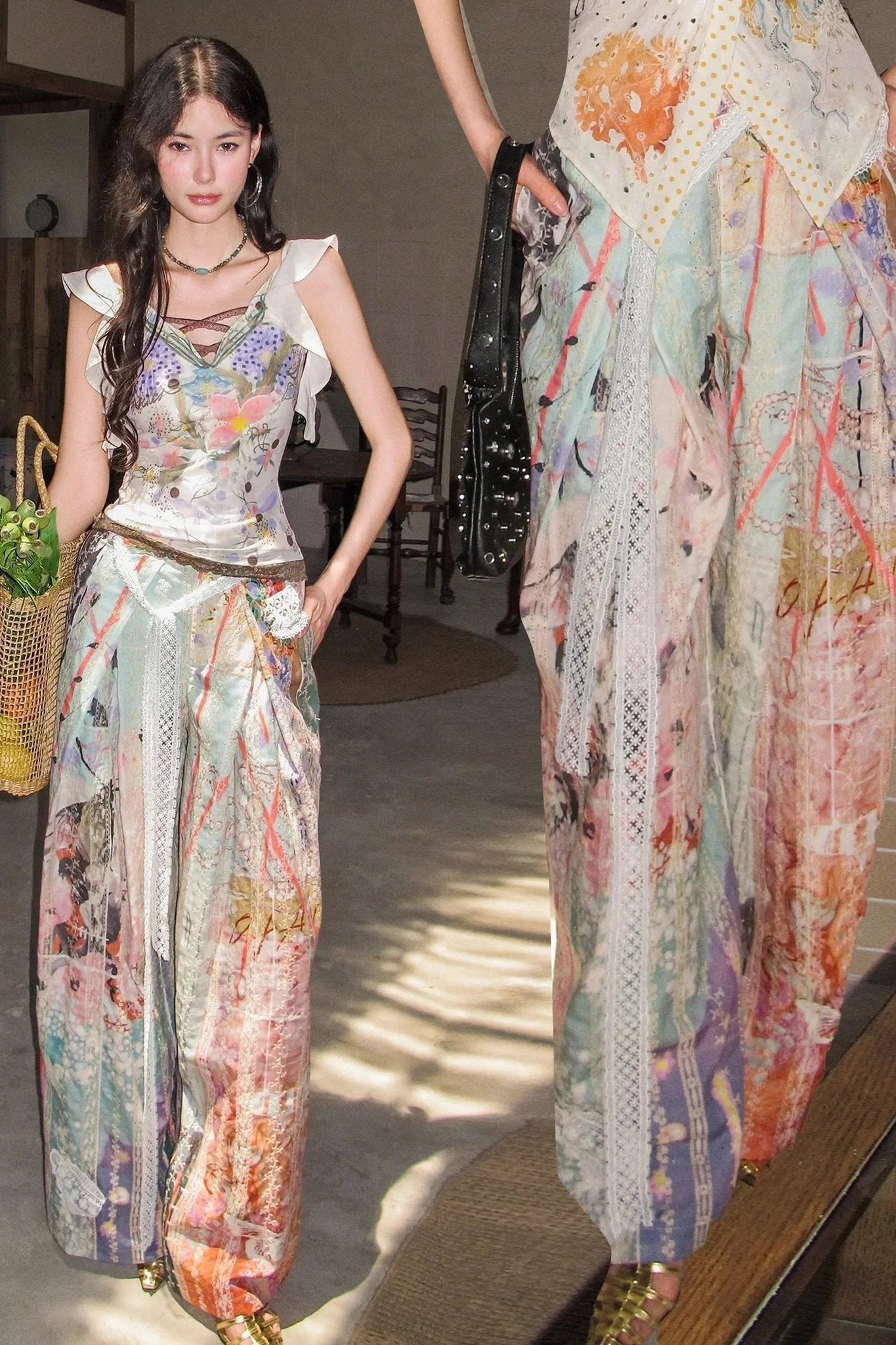Patchwork Wide Leg Pants