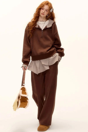 Patterned Patchwork Hooded Sweatshirt Set-Up