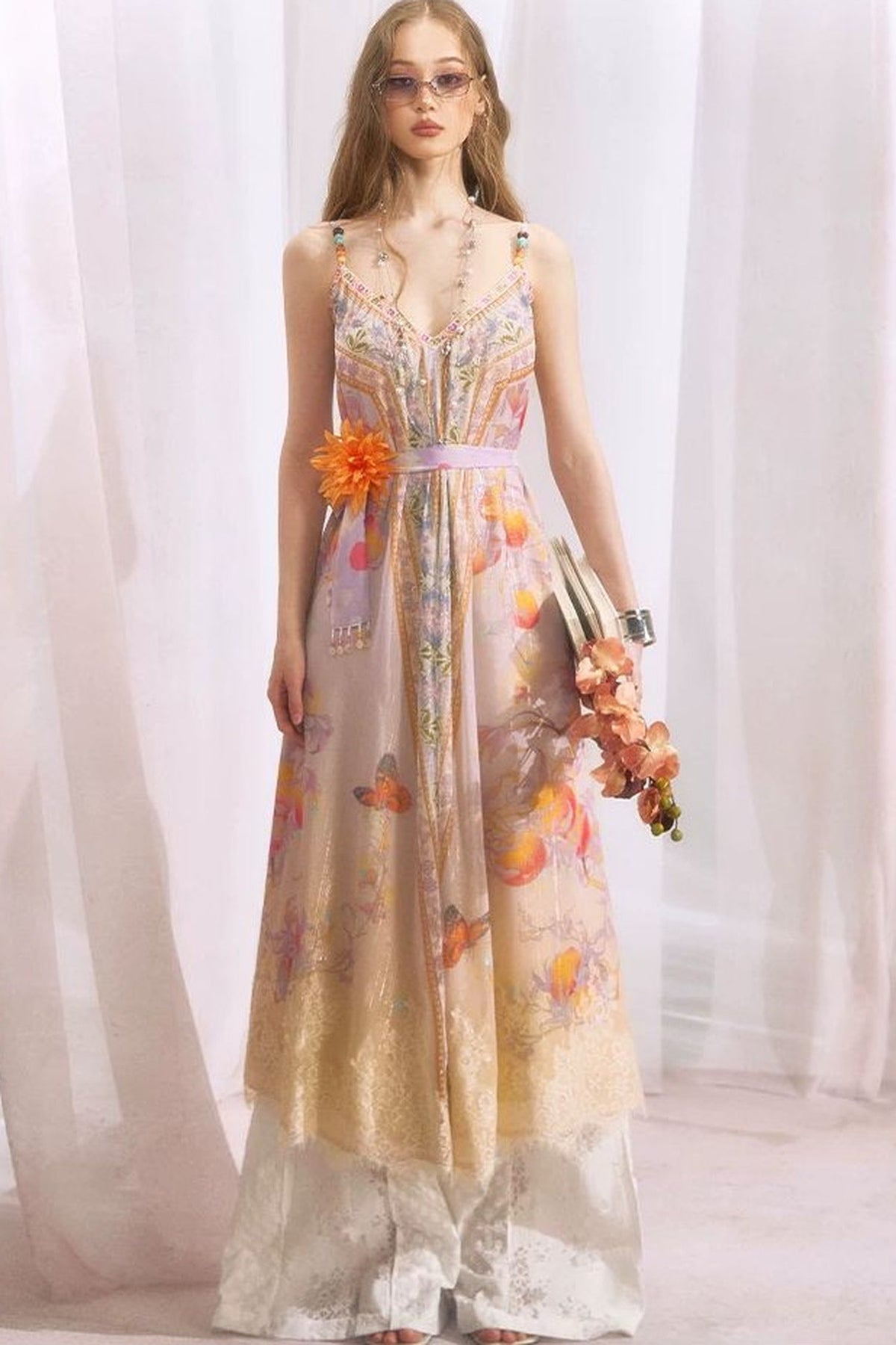 Peach Branch Print Chiffon Maxi Dress