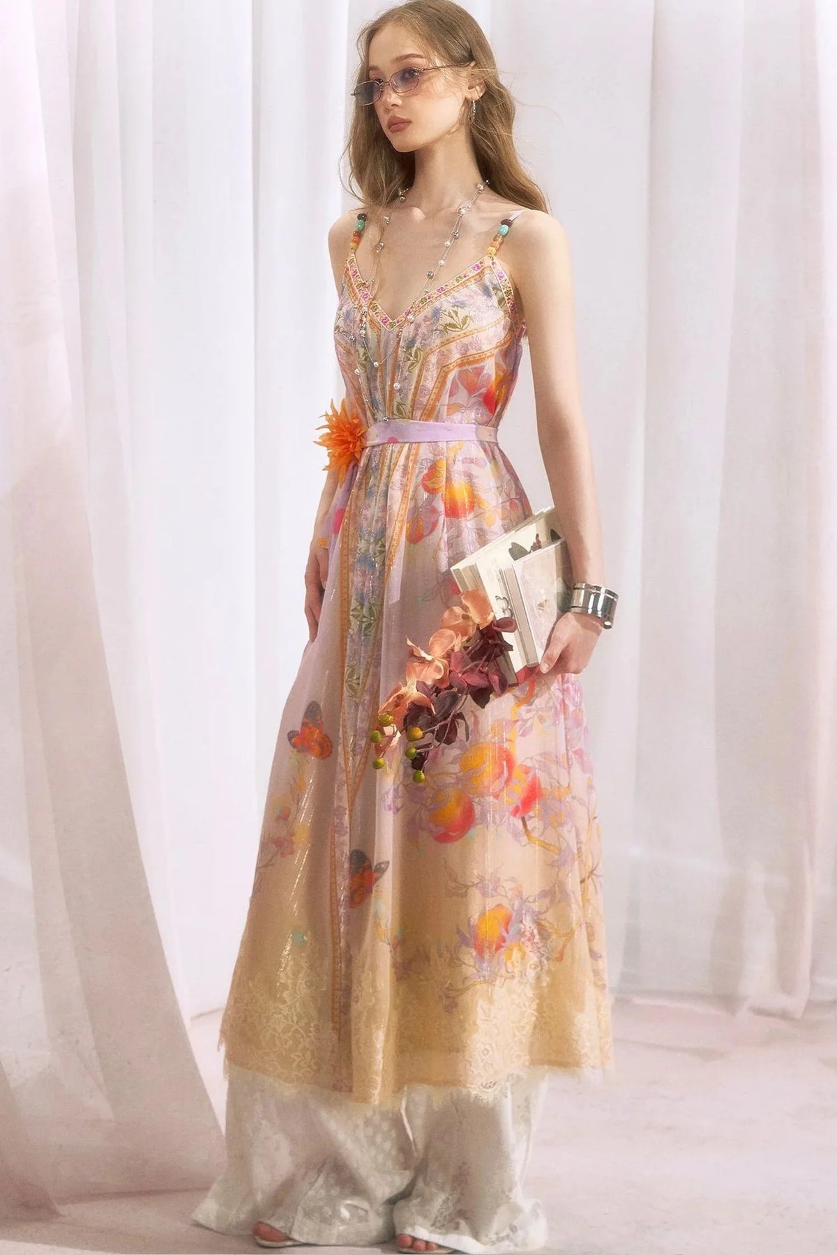 Peach Branch Print Chiffon Maxi Dress