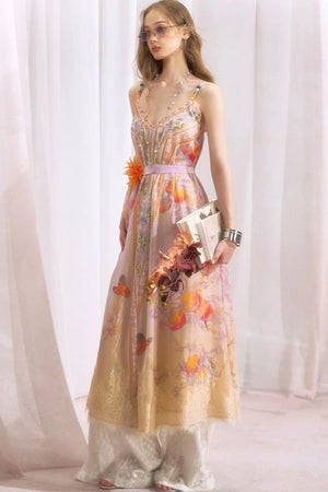 Peach Branch Print Chiffon Maxi Dress