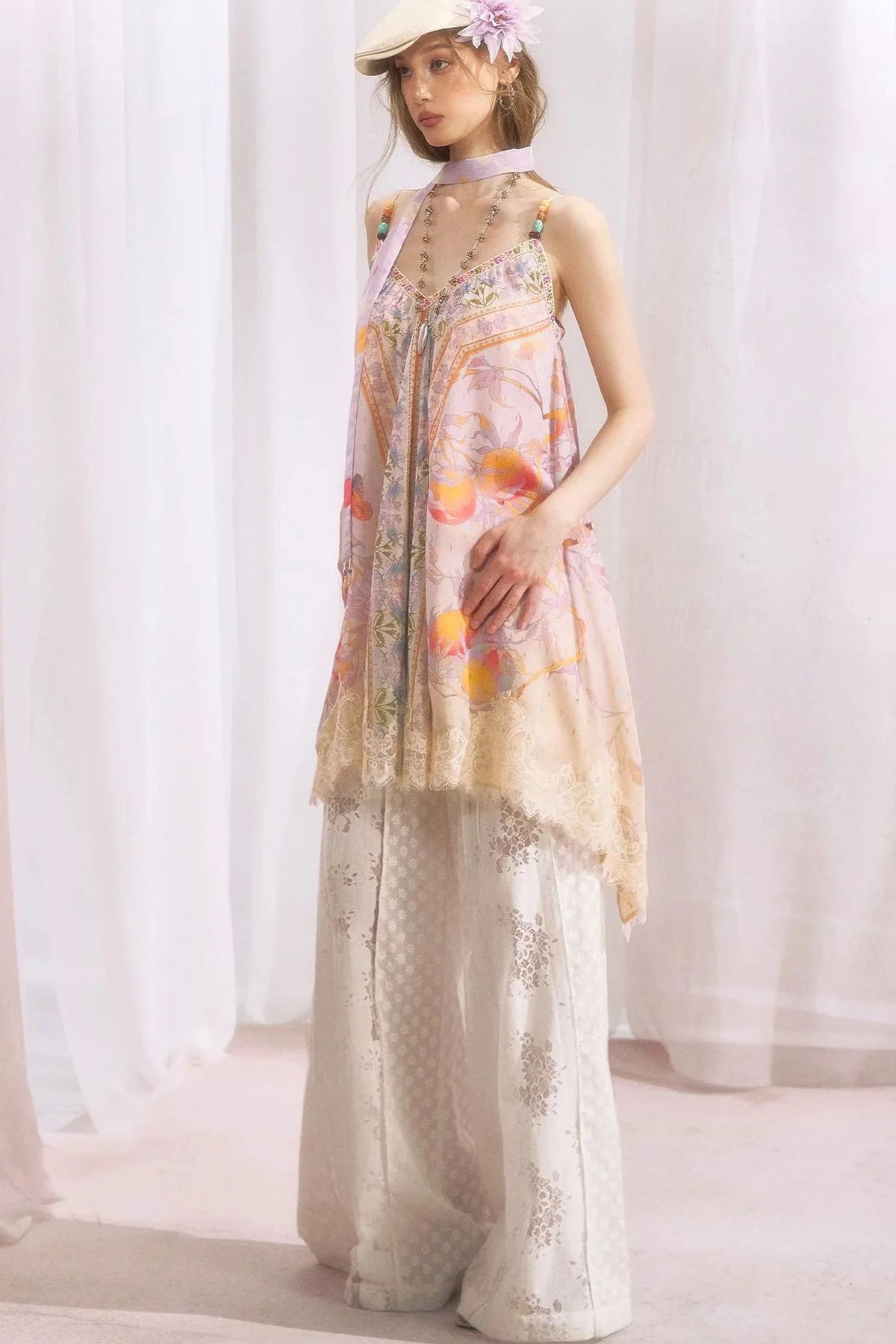 Peach Branch Print Chiffon Maxi Dress