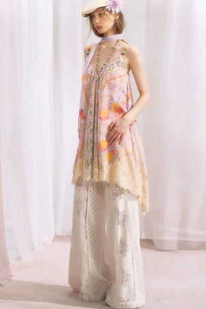 Peach Branch Print Chiffon Maxi Dress