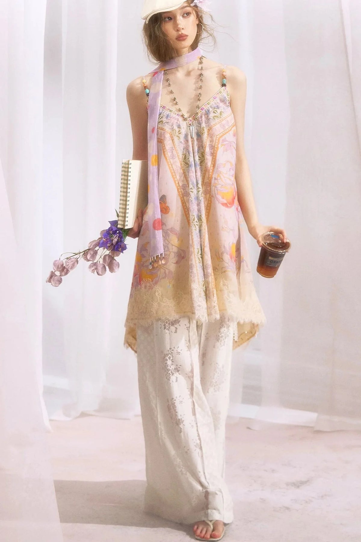 Peach Branch Print Chiffon Maxi Dress