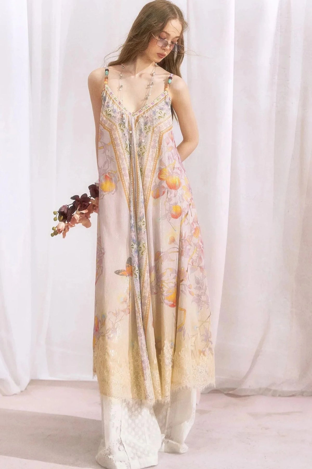 Peach Branch Print Chiffon Maxi Dress