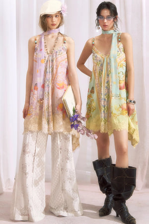 Peach Branch Print Chiffon Maxi Dress