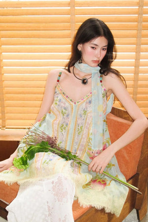 Peach Branch Print Chiffon Maxi Dress