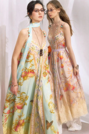 Peach Branch Print Chiffon Maxi Dress