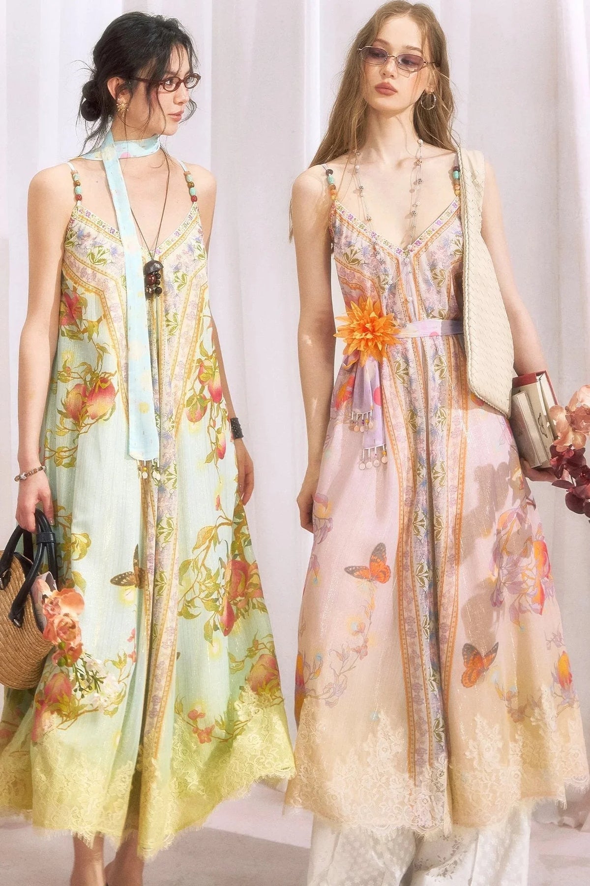 Peach Branch Print Chiffon Maxi Dress